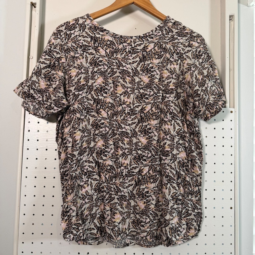 Flax by Jeanne Engelhart Top Women's Botanical Print Short Sleeve Blouse - Small